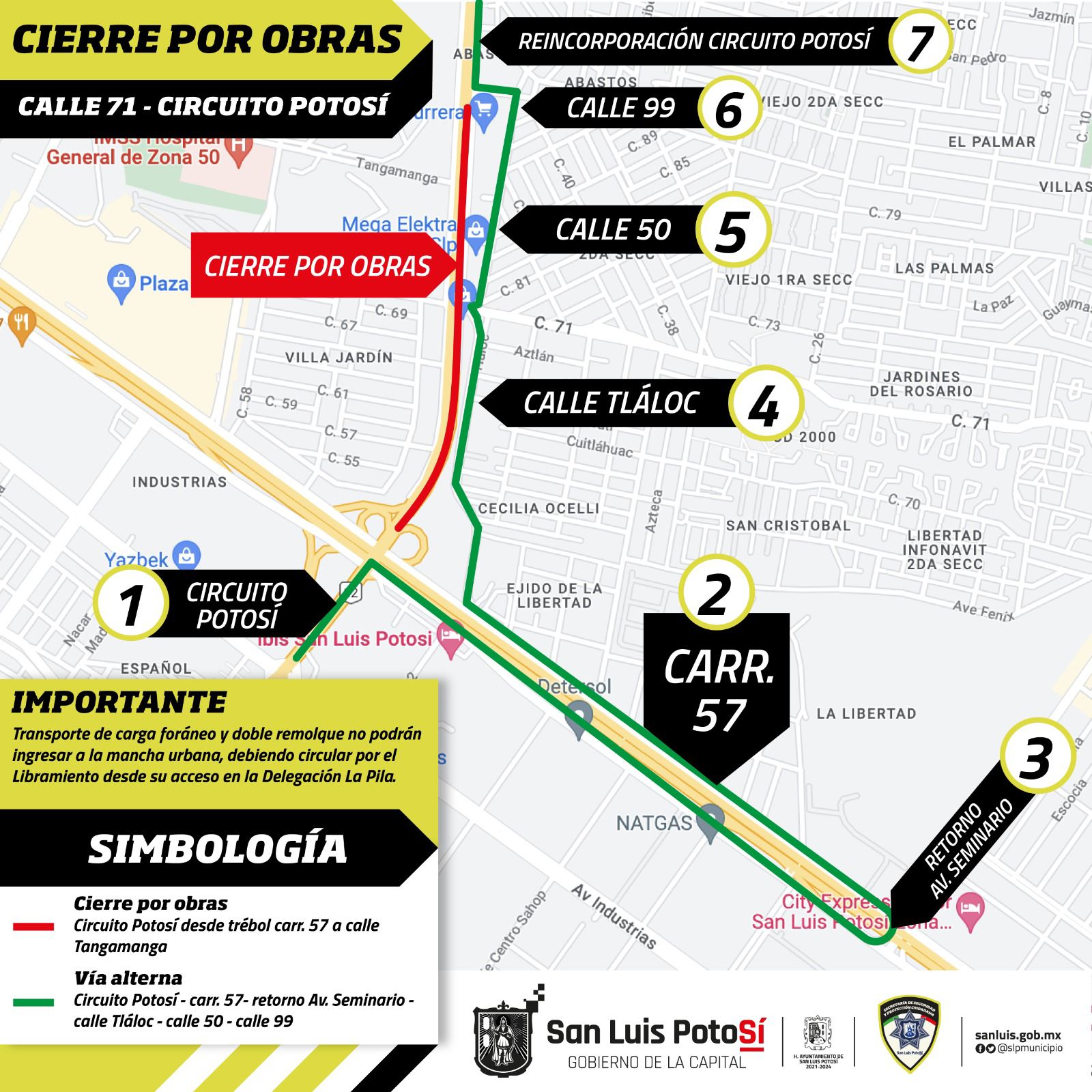  Policía Vial mantendrá cierre vial en Circuito Potosí oriente y Carretera 57
