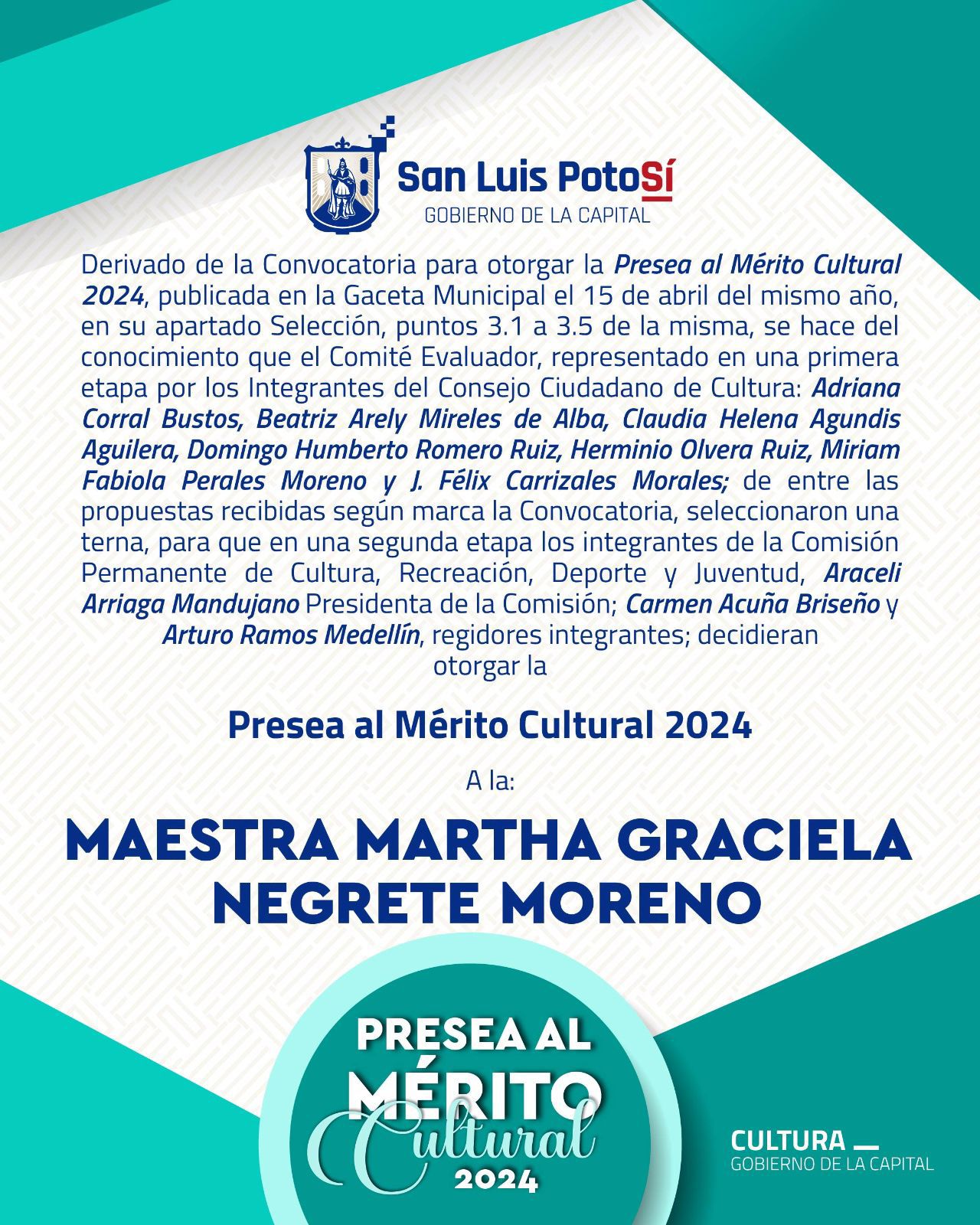 Martha Graciela Negrete Moreno, elegida ganadora a la Presea al Mérito Cultural Municipal 2024