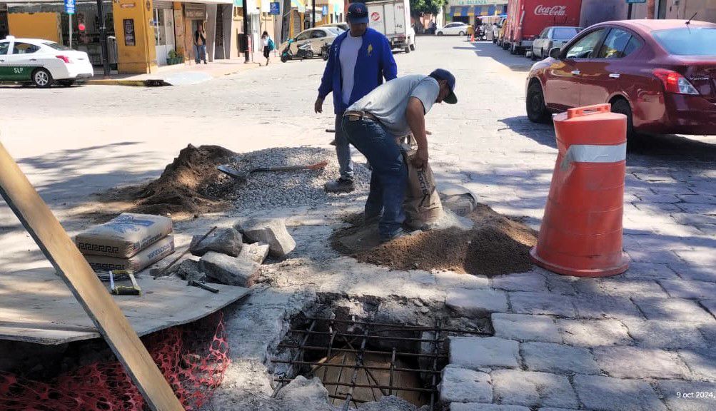 Fotografía de trabajadores municipales colocando adoquines en el suelo