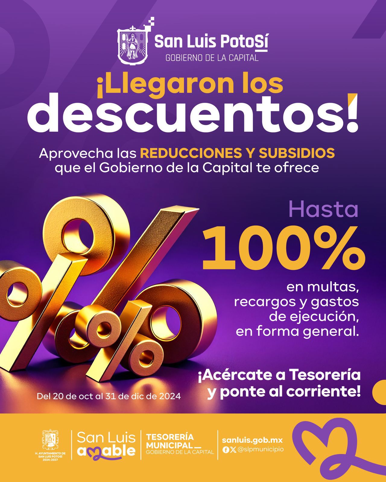 Flyer en tonos morados y amarillos con el texto "llegaron los descuentos" e información