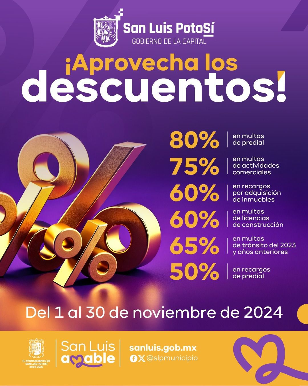 Flyer en fondo morado con infomación sobre los descuentos aplicables