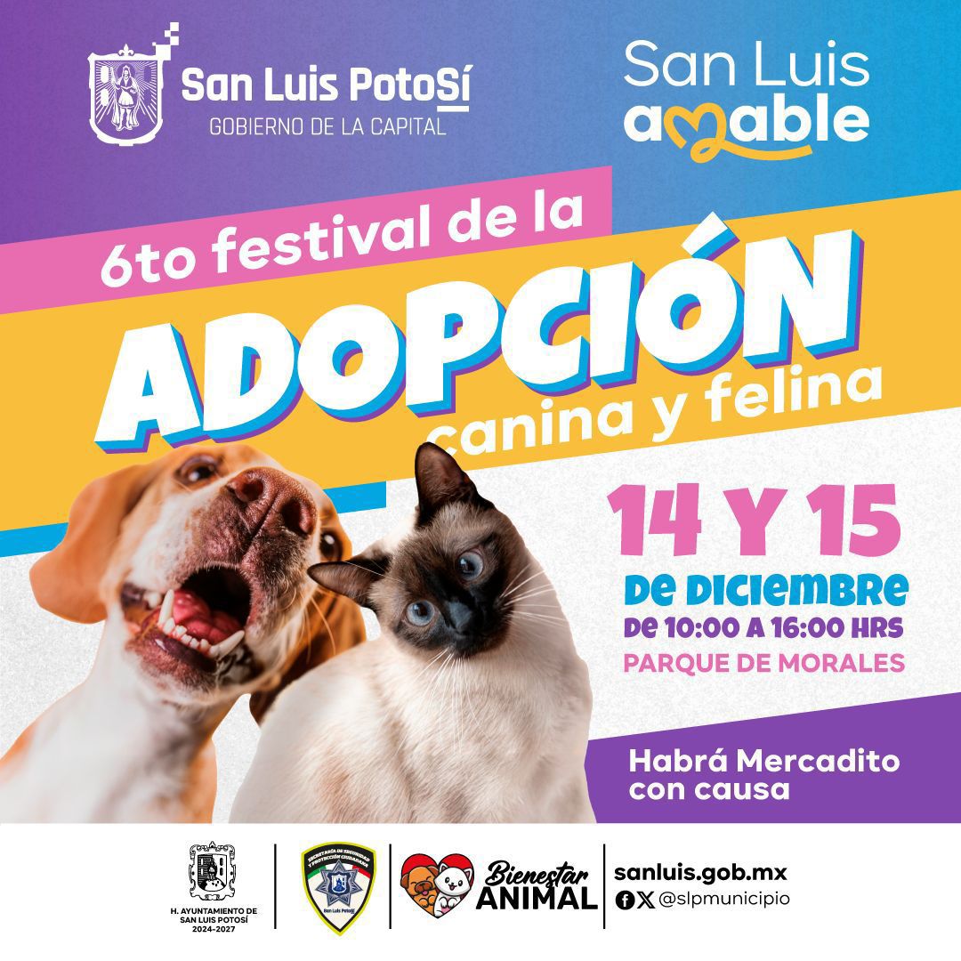 Flyer con una fotografía de un perro y un gato e información del evento