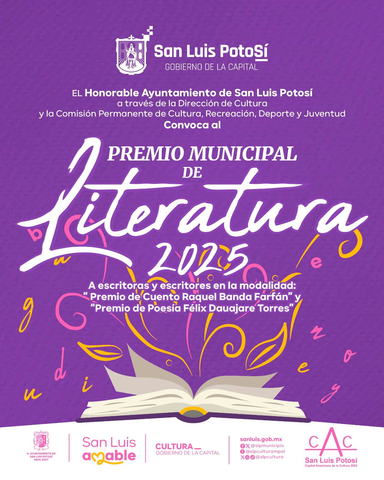 Flyer en fondo morado con información de la convocatoria