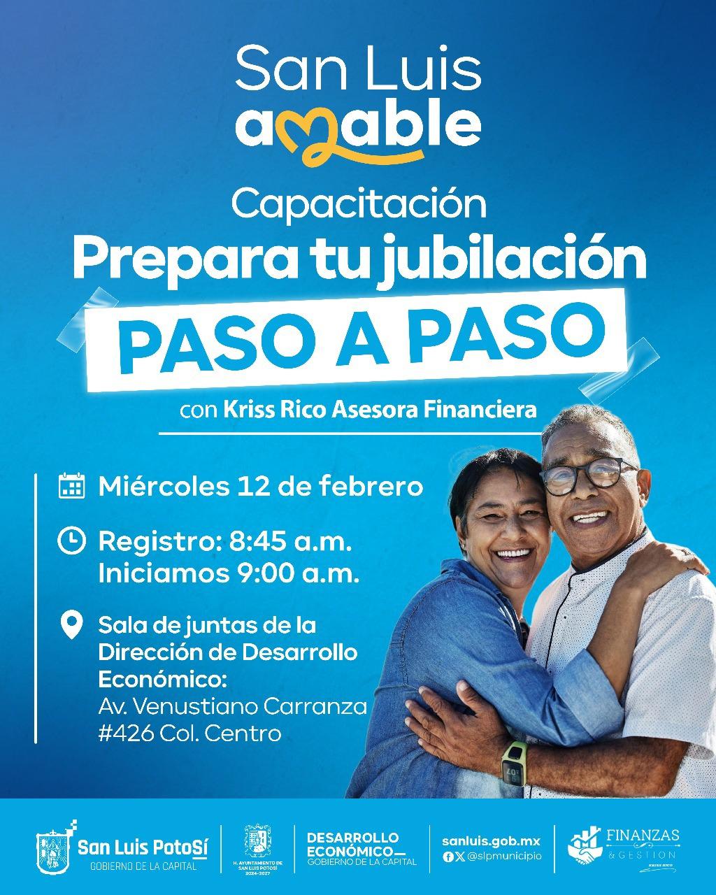 Flyer en tonos azules con información de la capacitación